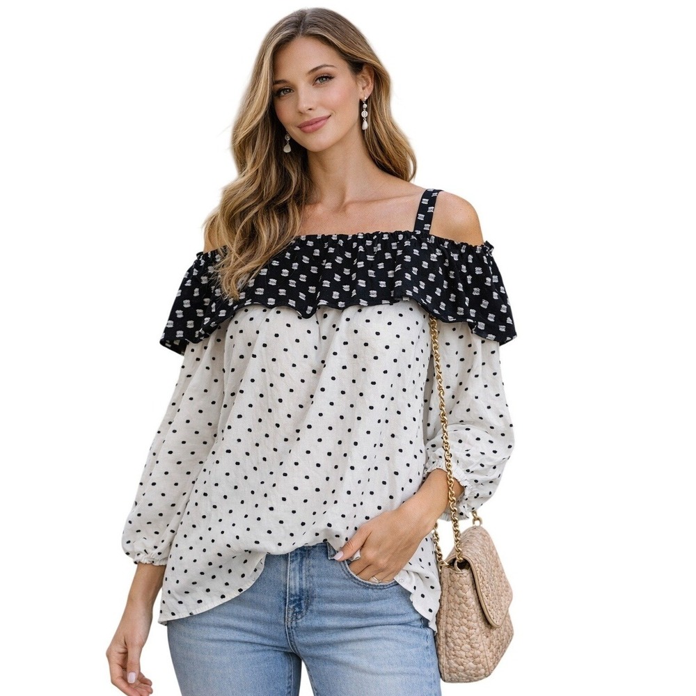 LOFT Women's XL Black White Polka Dot Off Shoulder Blouse Ruffle Top 3/4 Sleeve
